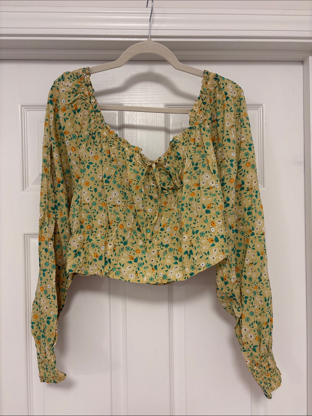 aerie Yellow Floral Peasant Blouse with Green Accents